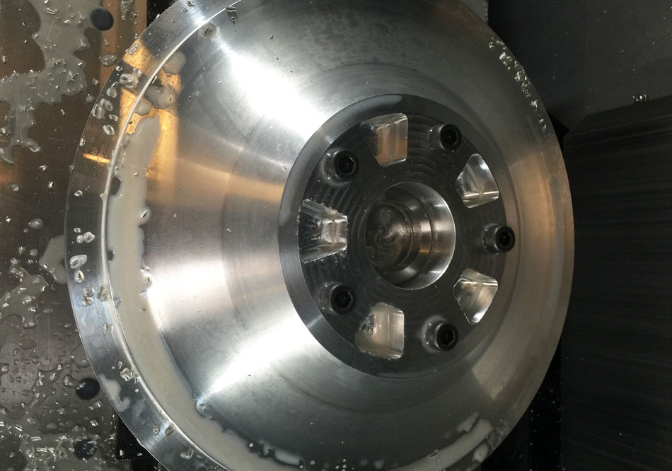 Wheel hub base (front view) machined from 6082 aluminium